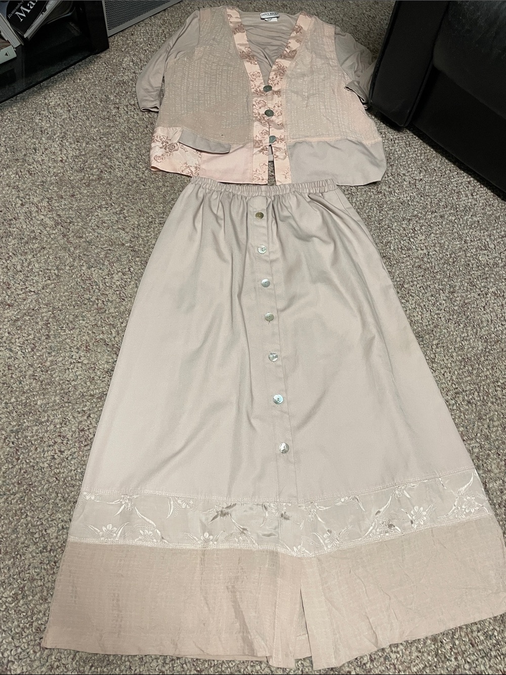 Vintage 90s 3 pc rose Beige Button-Front Maxi Skirt/vest/long sleeve top